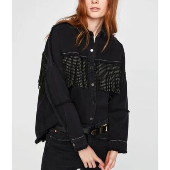 Zara Rhinestone Fringe Studded Jean Jacket  Black Size Medium - Picture 2 of 13